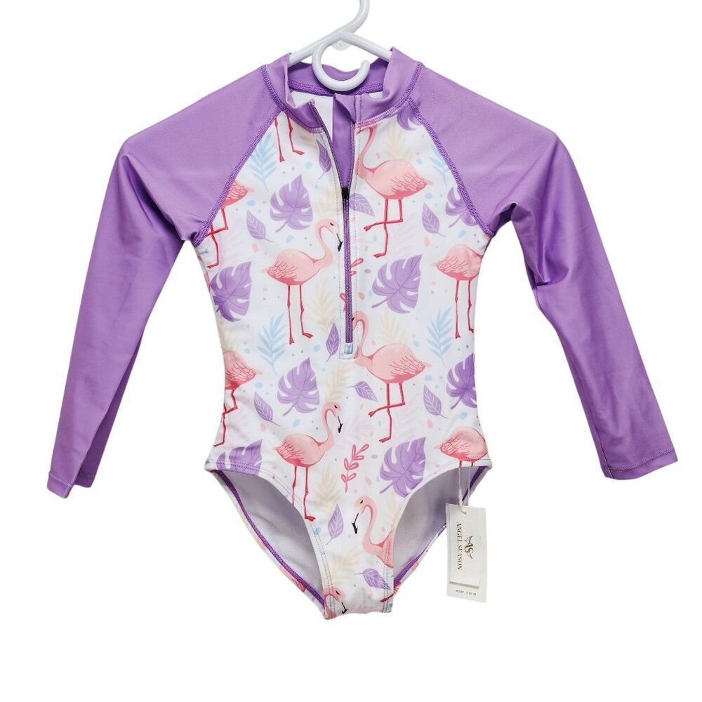 Angel Season Girls Long Sleeve UV One Piece Flamingo Swimsuit Size 7 Years